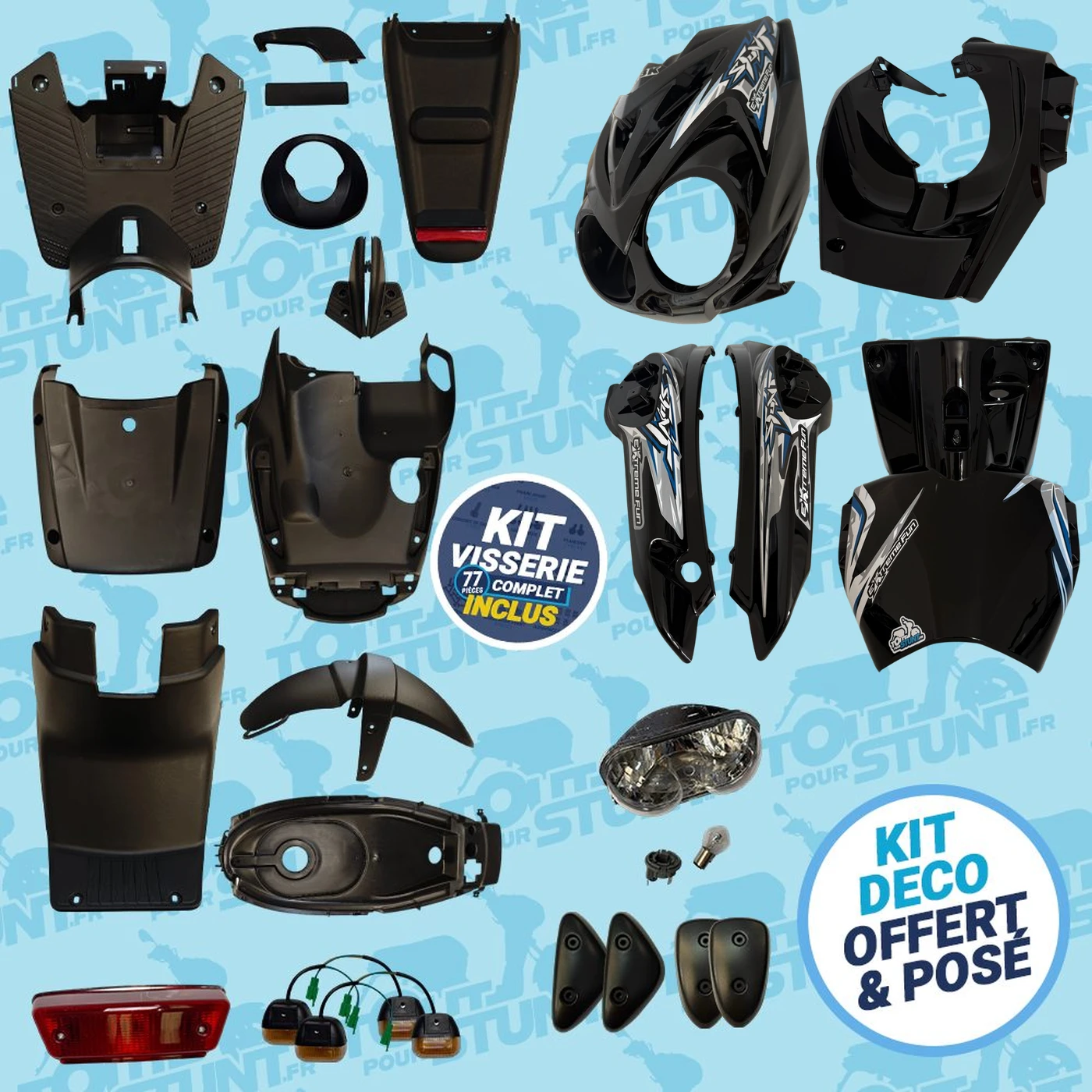 KIT CARÉNAGE COMPLET NOIR GRIS BLEU EXTRÊME FUN STUNT MBK YAMAHA