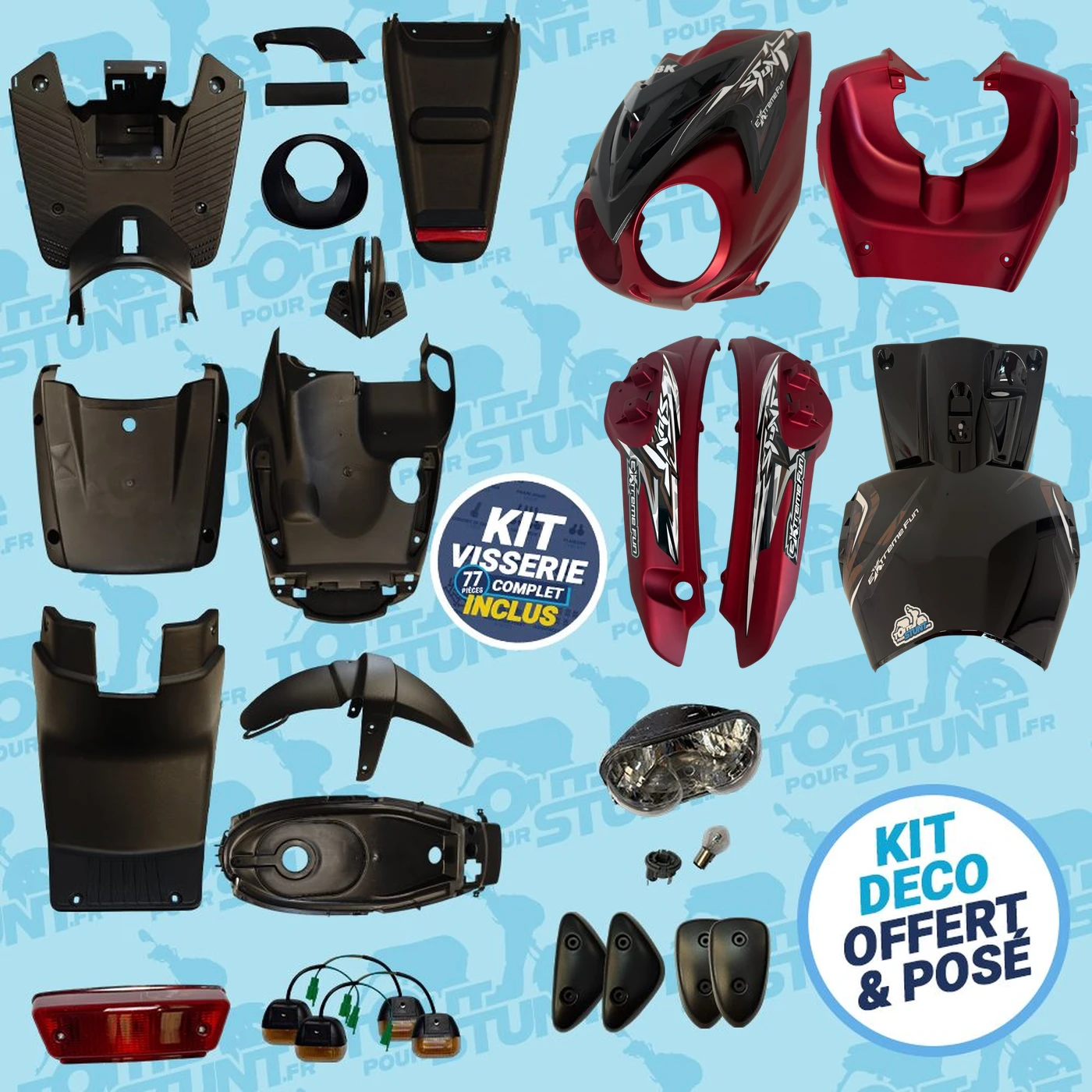 KIT CARÉNAGE COMPLET ROUGE ET NOIR EXTRÊME FUN STUNT MBK YAMAHA