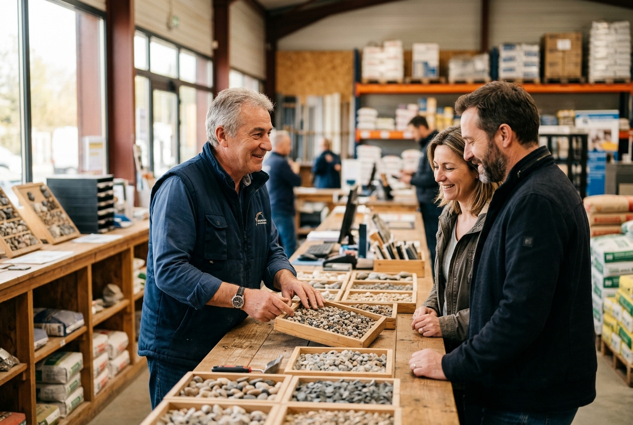 Conseil client au comptoir Démo — Matériaux & Négoce — échantillons de graviers et galets