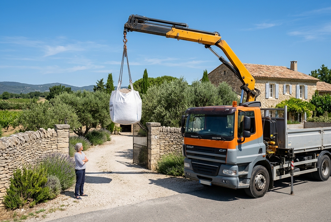 Camion-grue Moretti Matériaux livrant un big bag de gravier à domicile dans les Bouches-du-Rhône